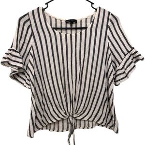 Cream and Black Striped Gauze Blouse Ruffled Sleeve Tie Front Size S